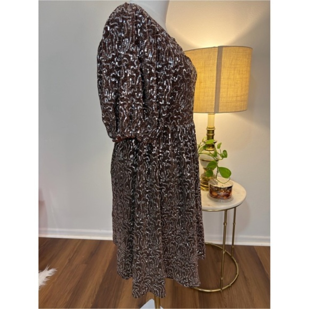 Moon River Brown Sequin Square Neck Puff Sleeve Knee Length Dress Small - Picture 8 of 9